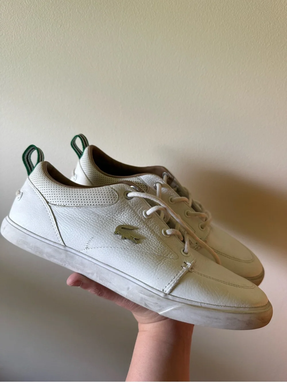 Lacoste Men’s White Leather Sneakers with Green Heel Tabs